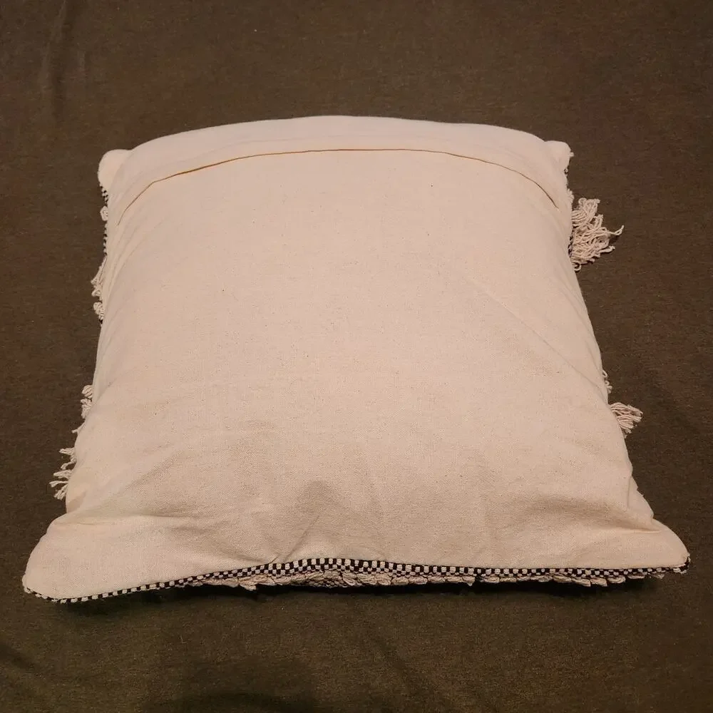 KIRKLANDS Throw Pillow 20 x 20 x 5 Boho Black Natural Chunky Knit Knotted Fringe - Picture 3 of 12